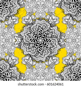 Pattern on yellow background with white elements. Vector white mehndi pattern. Ornamental floral elements with henna tattoo, white stickers, mehndi and yoga design, cards and prints.
