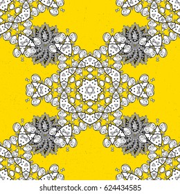 Pattern on yellow background with white elements. Vector white mehndi pattern. Ornamental floral elements with henna tattoo, white stickers, mehndi and yoga design, cards and prints.