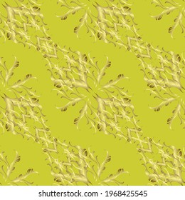Pattern on yellow, brown and neutral colors with golden elements. Oriental style arabesques. Brilliant lace, stylized flowers, paisley. Golden texture curls. Openwork delicate golden pattern. Vector.