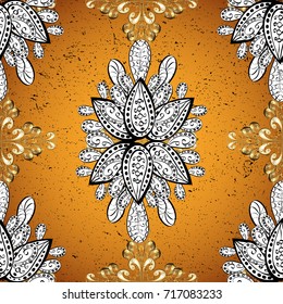 Pattern on yellow, orange and white colors with golden elements. Classic vector golden pattern. Classic vintage background. Traditional orient ornament.