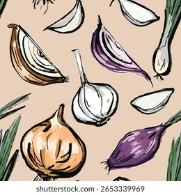Padrão de cebola, alho, verde, inteiro e fatias. Mão desenhada. Vetor, isolado com textura. Rabiscar, estilo marcador. 