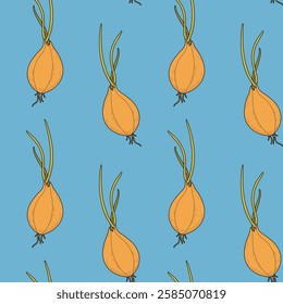 Pattern with onion  on a blue background. Vegetable vector pattern with green onions, sprouted onions with roots