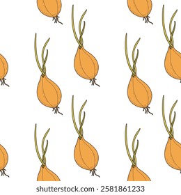 Pattern with onion  on a white background. Vegetable vector pattern with green onions, sprouted onions with roots