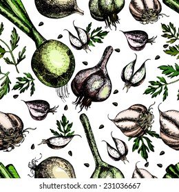 Pattern with onions and garlic.  The template can be used for packaging, printing on cups, bags, wallpaper, textiles.