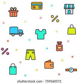 Pattern for online shop, mobile shopping, online store, buy online in filled outline style. Vector background with icons purse, delivery, shop, sale, gift, discount for design, print, website