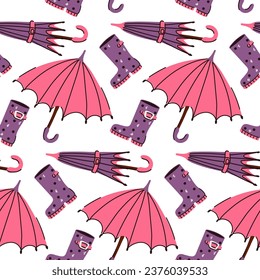 Pattern of open and closed colored umbrellas and rubber boots. Seamless, repetitive flat autumn cartoon texture. Cute weather protection on a white. Umbrellas and boots, printing on textiles, paper