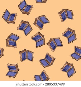 pattern Open ornate jewelry casket, empty interior suggesting loss and memory yet hinting at potential for new treasures, decorative vintage line art sketch on white background