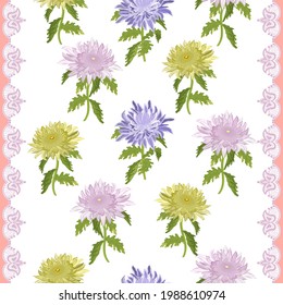 Pattern with openwork and chrysanthemums.Ornament and multicolored chrysanthemums on a white background in a vector pattern.