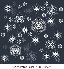 Pattern of openwork snowflakes on a dark gray background. Winter snowy sky