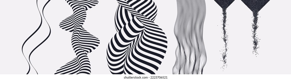 Pattern with optical illusion. Array with dynamic emitted particles. 3D grid surface in technology style. Black and white design. Illustration for brochure, presentation or banner.