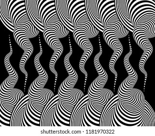 Pattern with optical illusion. Black and white design. Abstract striped background. Vector illustration. 