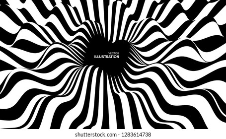 Pattern with optical illusion. Black and white background. Abstract vector illustration.