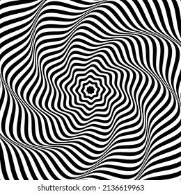 Pattern with optical illusion. Black and white design. Abstract 3D geometrical striped background. Vector illustration kaleidoscope. Solar explosion. Sunburst rays. Banner flyer for show, fair.
