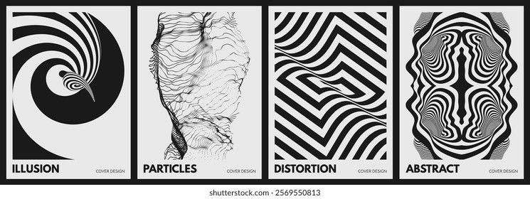 Pattern with optical illusion. Black and white design. Abstract striped background. Array with dynamic emitted particles. Big data. Vector for brochure, poster, presentation, flyer or banner.