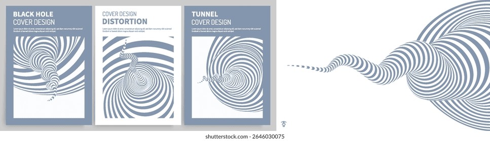Padrão com ilusão ótica. Design preto e branco. Fundo listrado abstrato. Túnel. Ilustração vetorial 3d para brochura, revista, cartaz, apresentação, folheto ou banner. 