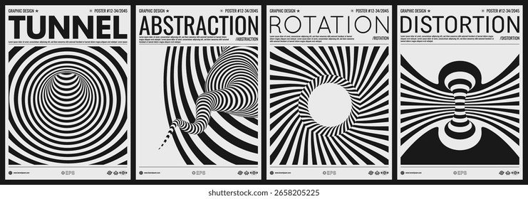 Patrón con ilusión óptica. Diseño en blanco y negro. Abstractas fondo de rayas. Túnel. Ilustración vectorial 3D para folleto, revista, póster, presentación, volante o Anuncio. 