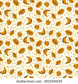 Pattern with orange autumn leaves. Background with illustrations of leaves, acorn, moon. Beautiful wrapping paper doodle. October background for Halloween celebration. Vector illustration