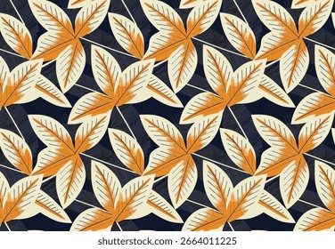 Patrón Con Hojas Naranja Y Beige Sobre Un Fondo Oscuro Con Líneas Geométricas, Creando Un Diseño Textil Moderno.