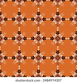 Ein Muster von orangefarbenen und schwarzen Blumen wird auf einem hellorangefarbenen Hintergrund angezeigt. Die Blüten sind so angeordnet, dass ein Gefühl von Bewegung und Energie entsteht. Die Szene ist lebendig und fröhlich