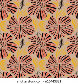 Pattern in orange, black and yellow colors with tropic summertime motif may be used as texture, wrapping paper, textile design. Vector seamless pattern of tropical hibiscus flowers, dense jungle.
