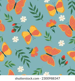 Pattern with orange butterflies and flowers. Vector graphics.