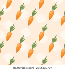 Pattern of orange carrot. Print. Seamless vector texture. Colorful vegetable. Cartoon. Cute. Light background. Flat art. Fabric. Textile.
