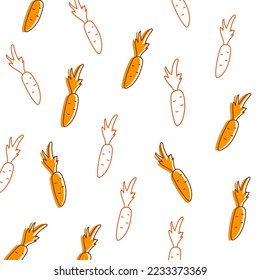 Pattern with orange carrots in hand drawn style. Stroke. Vector stock illustration. White background. Food. Vegetables