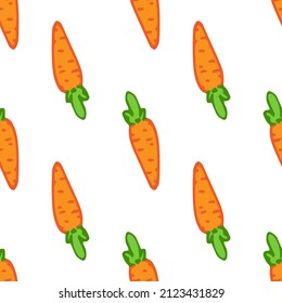 a pattern of orange carrots. seamless pattern of a small orange carrot drawn in doodle style with green leaves on white children's textiles, postcards. Natural seamless pattern