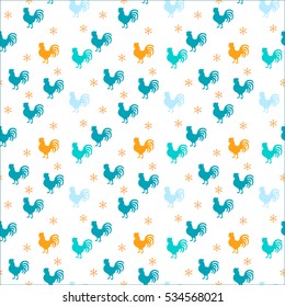 Pattern with orange cocks and white cocks, surrounded by snowflakes on a blue background.