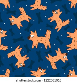 Pattern with orange dogs on dark blue background with blue bones. Vector pattern for textile, Wallpaper, fabric, wrapping paper, decor, background, postcards.