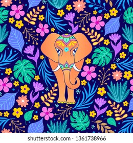 Pattern with orange elephant and tropical flowers and leaves on dark blue background