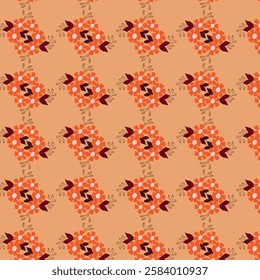 A pattern of orange and flowers is displayed on a bright orange background