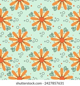 Pattern with orange flowers on a blue background, summer, flora, children, vector graphics