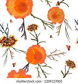 Pattern with orange flowers on a white background. Seamless design. For textiles, wrapping paper, prints. Romantic drawing.
