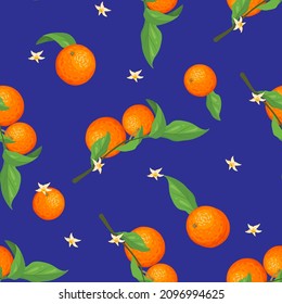 A pattern of orange fruits, branches, leaves and flowers on a bright blue background, vector