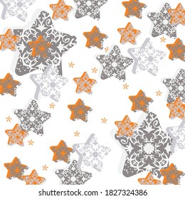 Pattern orange and gray stars with flowers on the white background