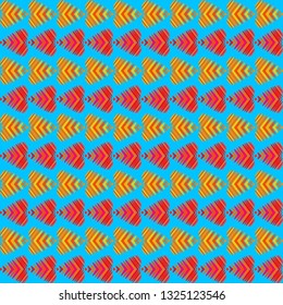 Pattern of orange hearts and red stripes on a blue background. Abstract horizontal pattern of leaves and hearts.