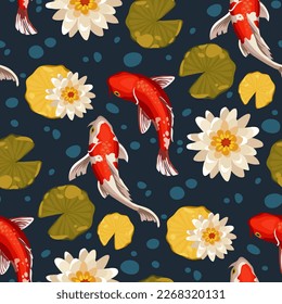 Patrón de pez koi anaranjado, lirios, hojas sobre un fondo azul con burbujas. Antecedentes asiáticos, diseño de fondo abstracto de estilo japonés oriental con pescado koi. La carpa nada en el agua