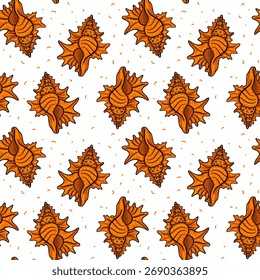 Padrão de casca de lambis laranja. Padrão plano colorido com os contornos de conchas do mar. Textura sem emenda do mar na moda para o projeto de verão, embalagem, tecidos, papel de parede, branding, embalagem
