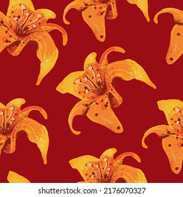 Muster mit orangefarbenen Lilien auf rotem Hintergrund. 
