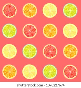 Pattern with orange, lime, lemon and grapefruit on pink background.