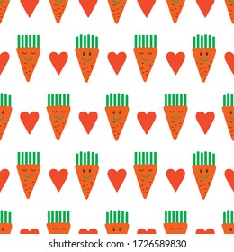 pattern orange merry carrots and heart on a white background, vector illustration, for design of wallpaper, paper, textile