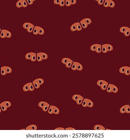 Pattern of orange moths with eye-like patterns on dark red background, evoking a warm and nocturnal mood