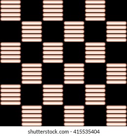The pattern of orange neon lights against a black background. Glowing capslule. Square shape. Chess order.