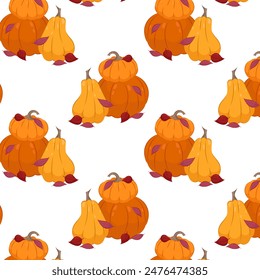 Pattern with orange pumpkins and leaves. Autumn background. Composition of pumpkins in flat style on a white background. Pattern for textile, wrapping paper, background.