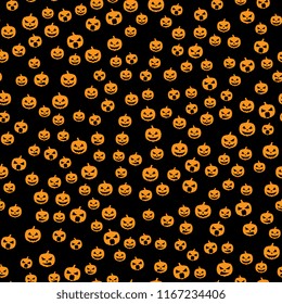 Pattern of orange pumpkins on black background. Seamless pattern for the holiday of Halloween. Vector illustration.