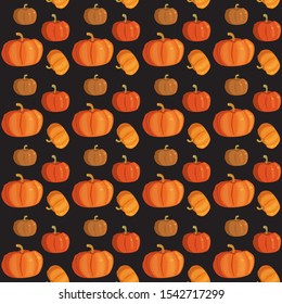 Pattern with orange pumpkins on black background