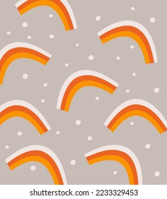 Muster mit orangefarbenen Regenbogen und weißen Kreisen. Grauer Hintergrund. Vektorgrafik. Kinderausdruck. Doodle