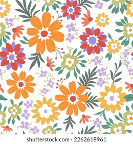 A pattern of orange red, green and purple flowers with green leaves on a white background.