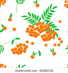 Pattern with Orange Rowan berries and Green Leaves on a White Background. Vector.